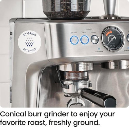 Chefman Crema Supreme Espresso Machine - 15 Bar Pressure, Milk Frother & Coffee Grinder, 3L Tank - Stainless Steel