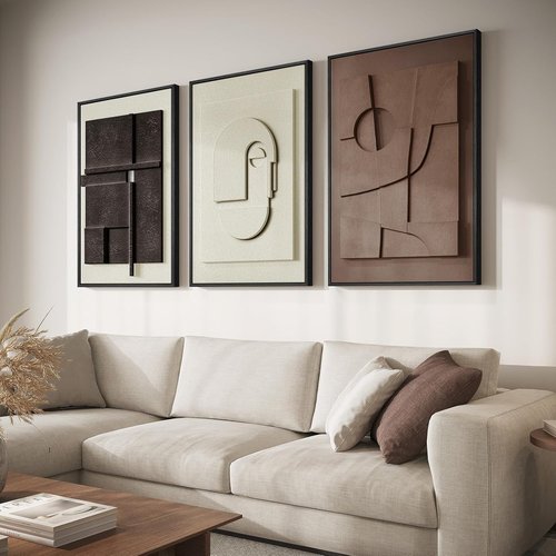 Framed Abstract 3D Textured Wall Art - Modern Neutral 3-Piece Geometric Artwork | 30x60 Inch for Living Room & Home Office Decor