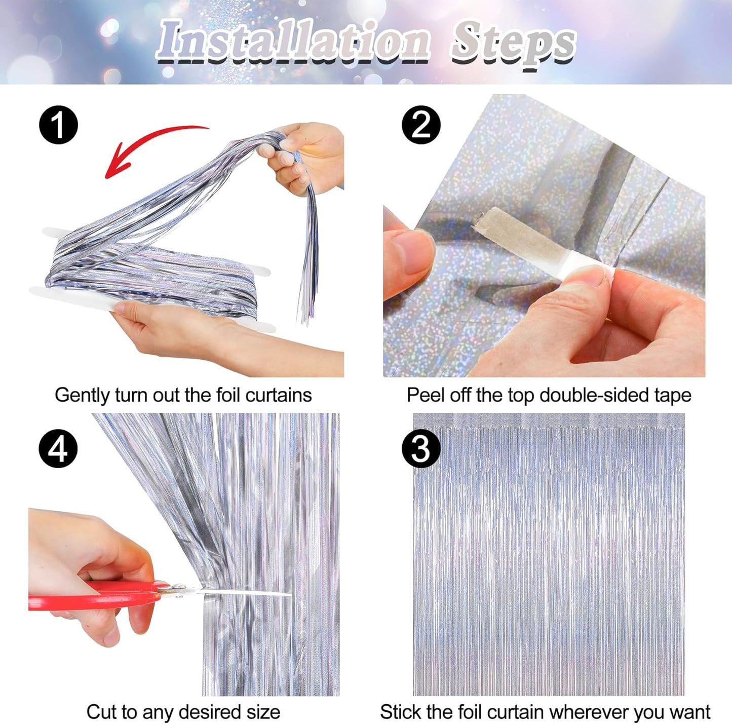NYE Silver Tinsel Foil Curtain - 4 Pack Glitter Backdrop | 3.28 FT x 7.05 FT Metallic Party Decor