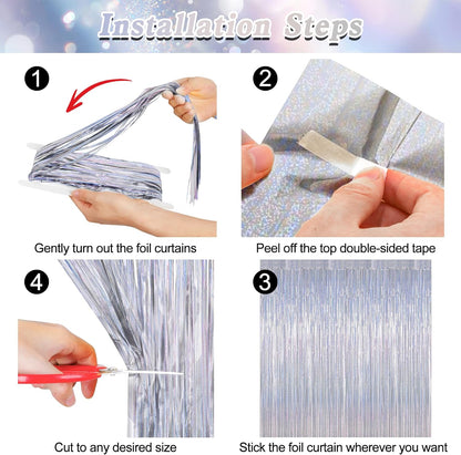 NYE Silver Tinsel Foil Curtain - 4 Pack Glitter Backdrop | 3.28 FT x 7.05 FT Metallic Party Decor