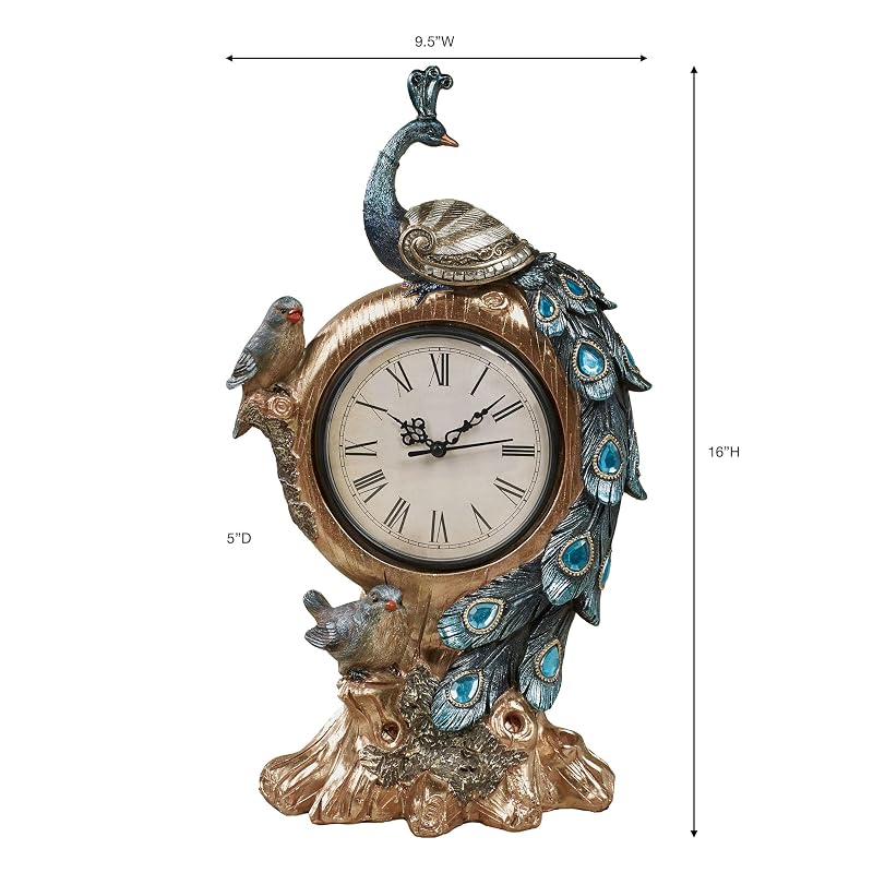 Poised Peacock Battery-Operated Pedestal Clock with Resin Birds