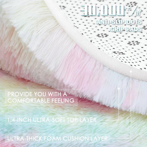 OLANLY Rainbow Round Rugs for Bedroom - Machine Washable, 4x4 Feet Circle Area Rugs for Living Room, Soft and Fluffy Shaggy Carpet for Teen Girls and Boys, Nursery Rooms, Dorms, Home Decor Aesthetic