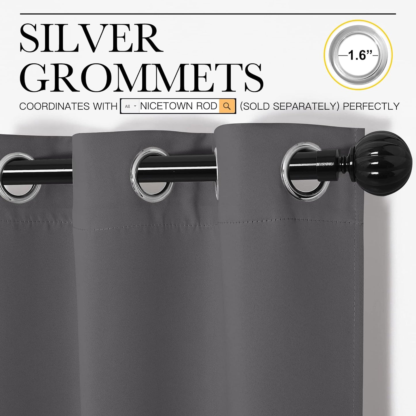 NICETOWN Thermal Insulated Blackout Curtains - Grommet Top Drapes for Hall | 2 Panels, Grey (W42 x L90)