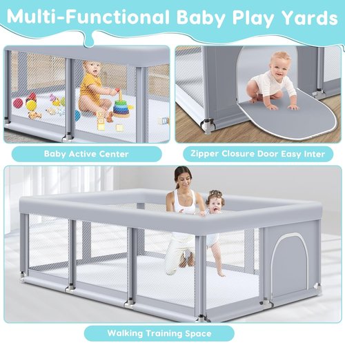 Fshibila Large Baby Playpen - Sturdy Safety Playard with Soft Mesh | 74" x 50", Grey for Indoor & Outdoor Use