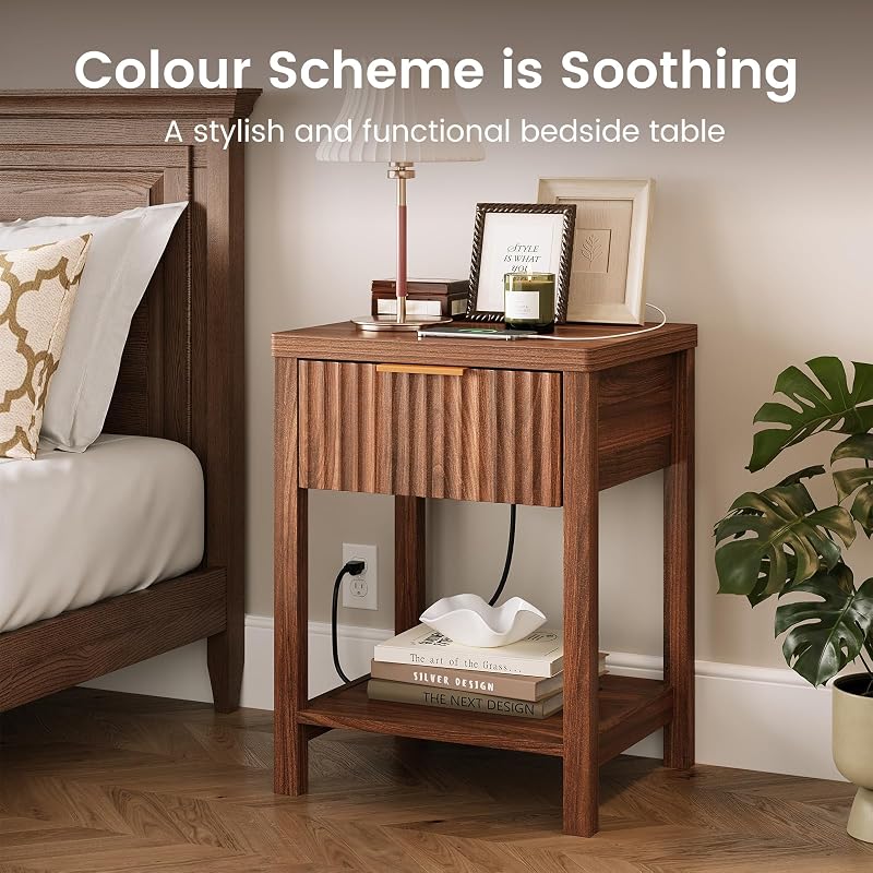 Walnut Fluted Nightstand Set 2 with Storage Drawer, 2 USB & 2 AC Outlets
