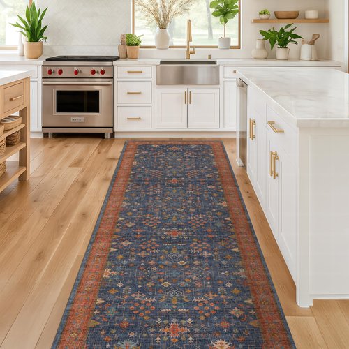 Hazo Haus Navy Blue Runner Rug 2x7 for Kitchen, Hallway, Mudroom, Laundry Room, Bathroom, Washable Non Slip Non Skid Rubber Backing Low Pile Stain Resistance