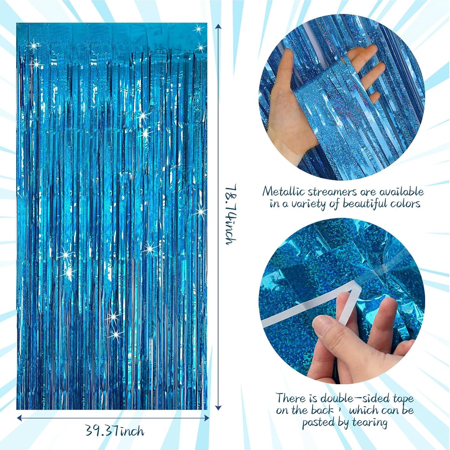 Skiennix Tinsel Curtain Backdrop - Blue Glitter Foil Fringe for Birthday, Wedding & Holiday Decor | 2 Packs