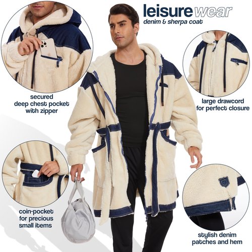 KOOETTS Wearable Blanket Hoodie Women Men With Zipper Denim & Sherpa Sweatshirt Blanket for Adult Warm & Cozy Oversized Hooded Blanket Jacket Birthday Gifts for Wife Mom Husband