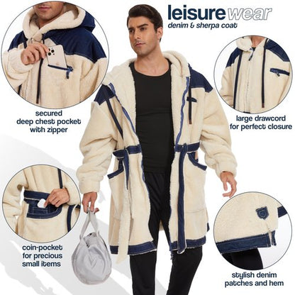 KOOETTS Wearable Blanket Hoodie Women Men With Zipper Denim & Sherpa Sweatshirt Blanket for Adult Warm & Cozy Oversized Hooded Blanket Jacket Birthday Gifts for Wife Mom Husband