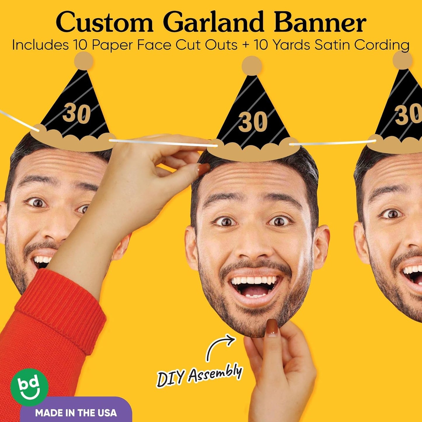 Big Dot of Happiness Black & Gold Birthday Garland Banner - Personalized Adult Decor with 10 Face Cut Outs