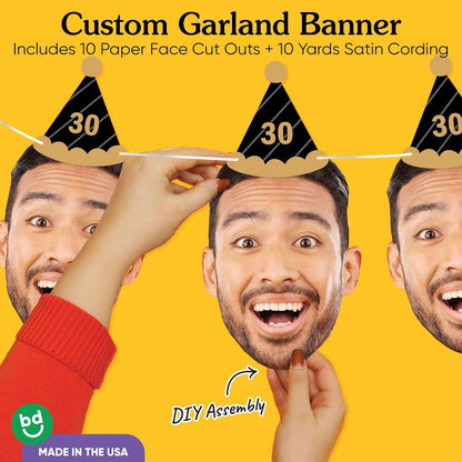 Big Dot of Happiness Black & Gold Birthday Garland Banner - Personalized Adult Decor with 10 Face Cut Outs