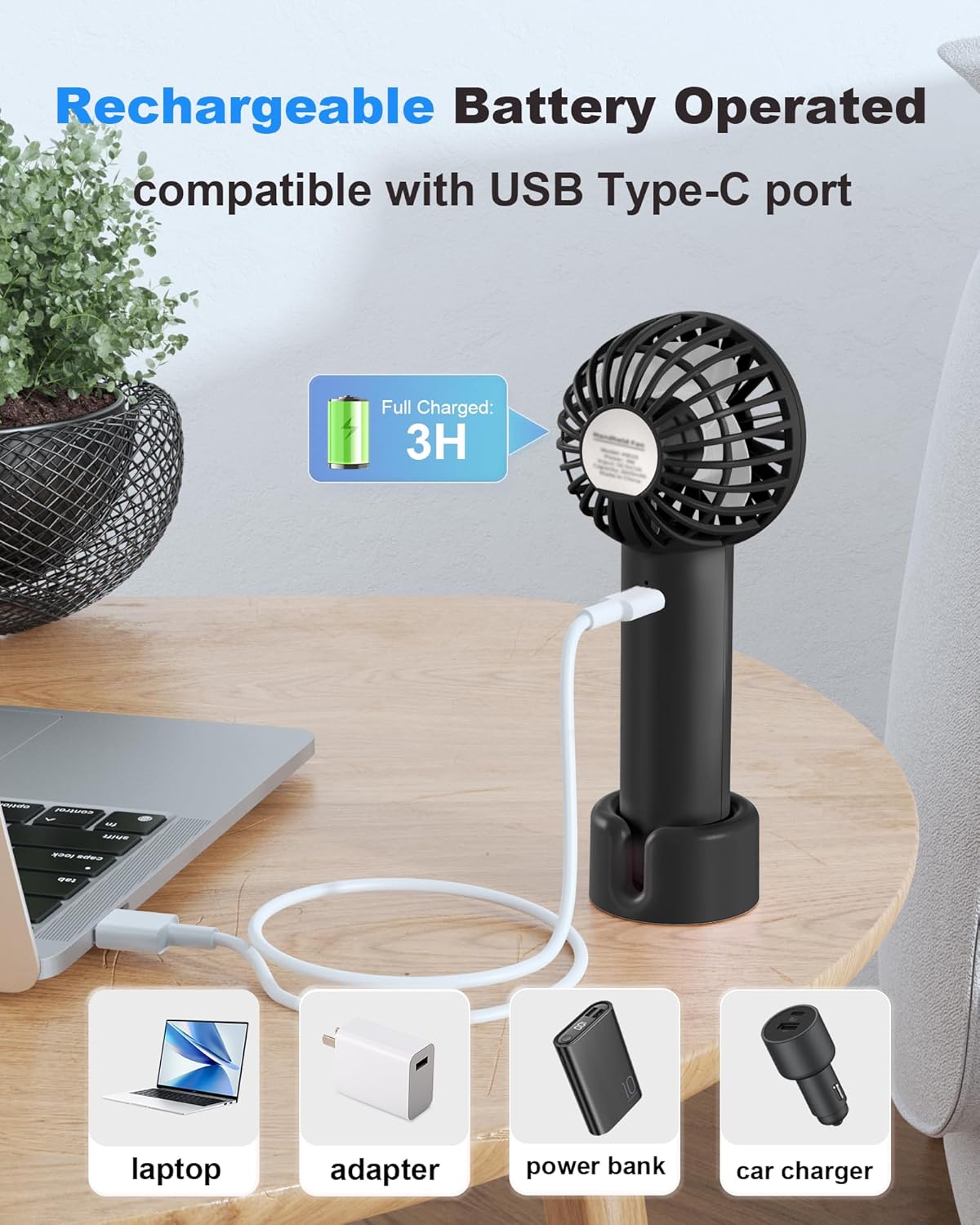 Skiennix Mini Handheld Fan - USB Rechargeable, 3-Speed Portable Design | Perfect for Travel & Makeup, Black