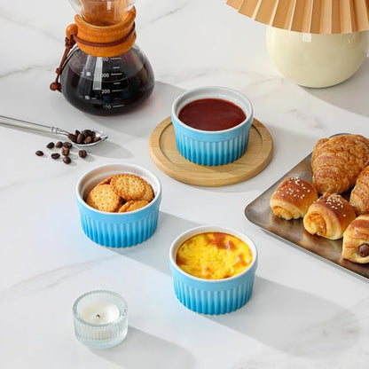 MALACASA Ramekins - 4 Oz Oven Safe Ceramic Souffle Dishes for Baking | Set of 6 Blue Custard Cups