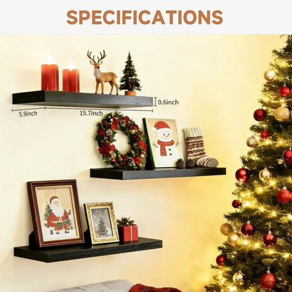 Duvique Easy Install Floating Shelves, 15.7 Inch Wall Mounted Wooden Shelf, Small Hanging Shelf for Home Decor, Books and Storage, Organizer for Bedroom, Bathroom, Kitchen, Set of 3, Black