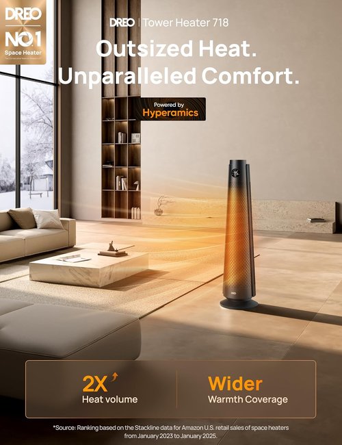 DREO Space Heater - Large Room Electric Heater with Remote & 120° Oscillation | Quiet 25dB, 8 Safety Features, Adjustable Thermostat