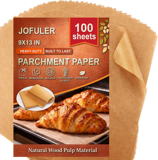 Parchment Paper Sheets - 9x13 Inch Non-Stick Unbleached Baking Paper | 100 Precut Sheets for Cookies, Bread & Cakes