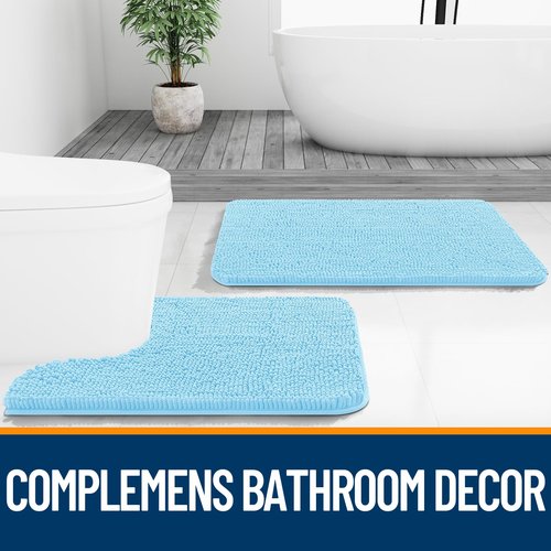 OLANLY Bathroom Rugs 59x24, Extra Soft Absorbent Chenille Bath Rugs, Rubber Backing Quick Dry, Machine Washable Bath Mats for Bathroom Floor, Tub and Shower, Home Decor Accessories, Sky Blue