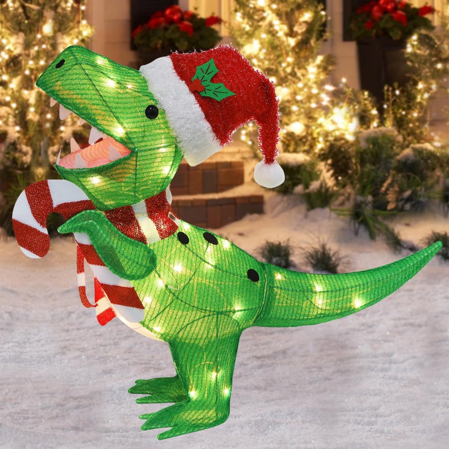 Waterglide Lighted Christmas Dinosaur | 22.5-Inch Pre-Lit 3D Tinsel Tyrannosaurus with Red Hat for Outdoor Holiday Decor