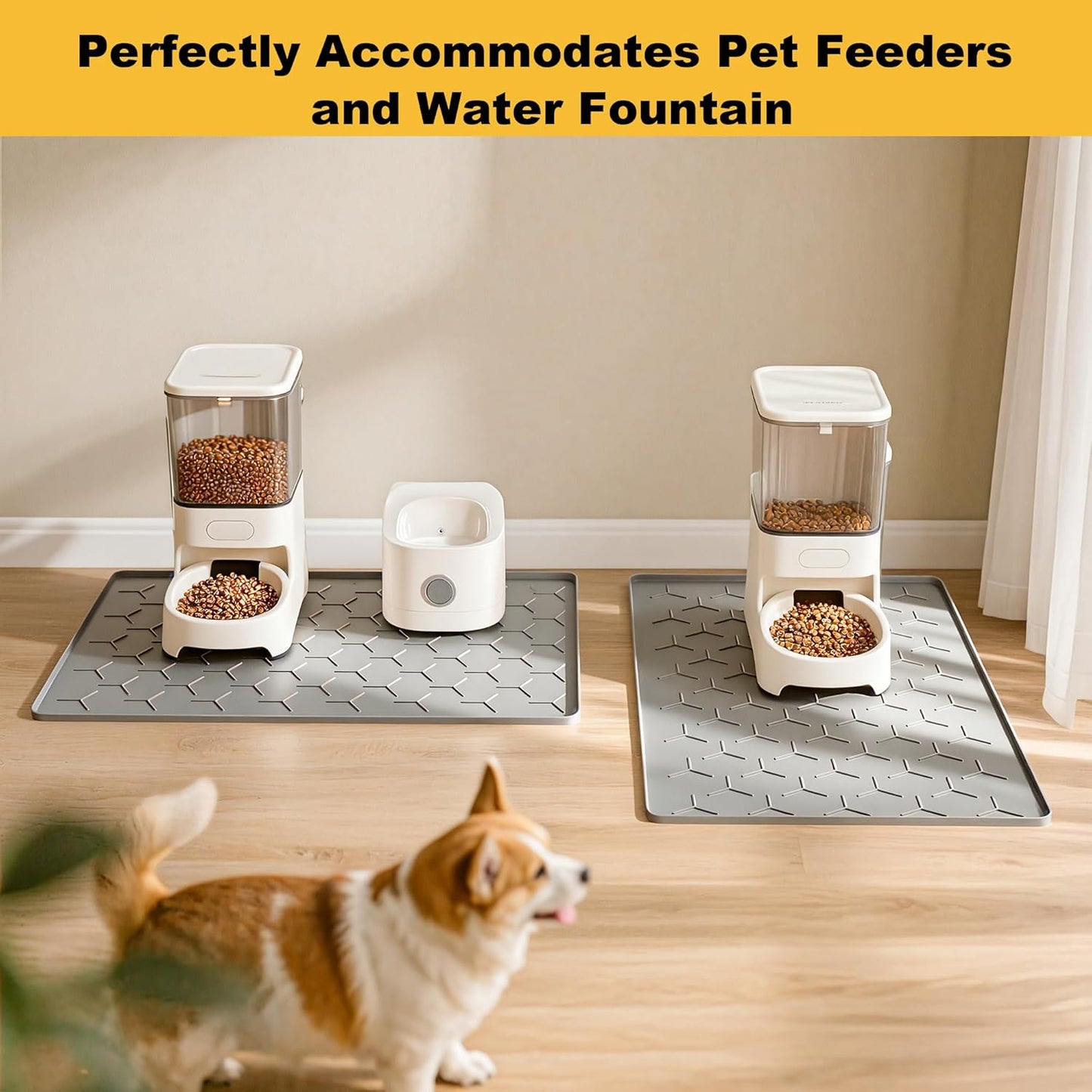 Pieviev Dog & Cat Food Bowl Mat - Waterproof Silicone with High Raised Edge | 24''x16'', Light Gray