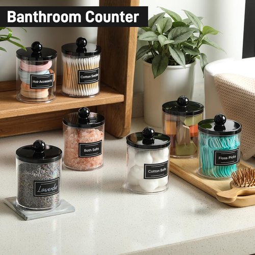 Clear & Black Acrylic Qtip Holder Dispenser | 4 Pack Cotton Swab Storage Canister Set - Bathroom Essentials