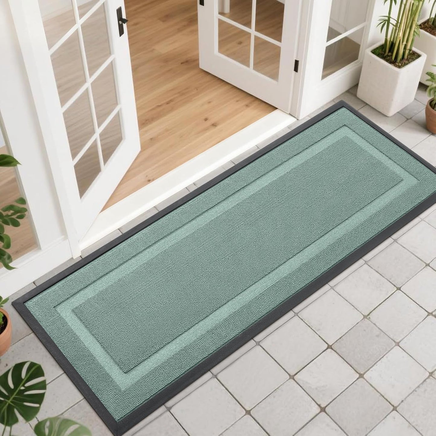 OLANLY Indoor Outdoor Front Door Mat - Waterproof All-Season Doormat, Easy Clean, 47x17, Grayish Green
