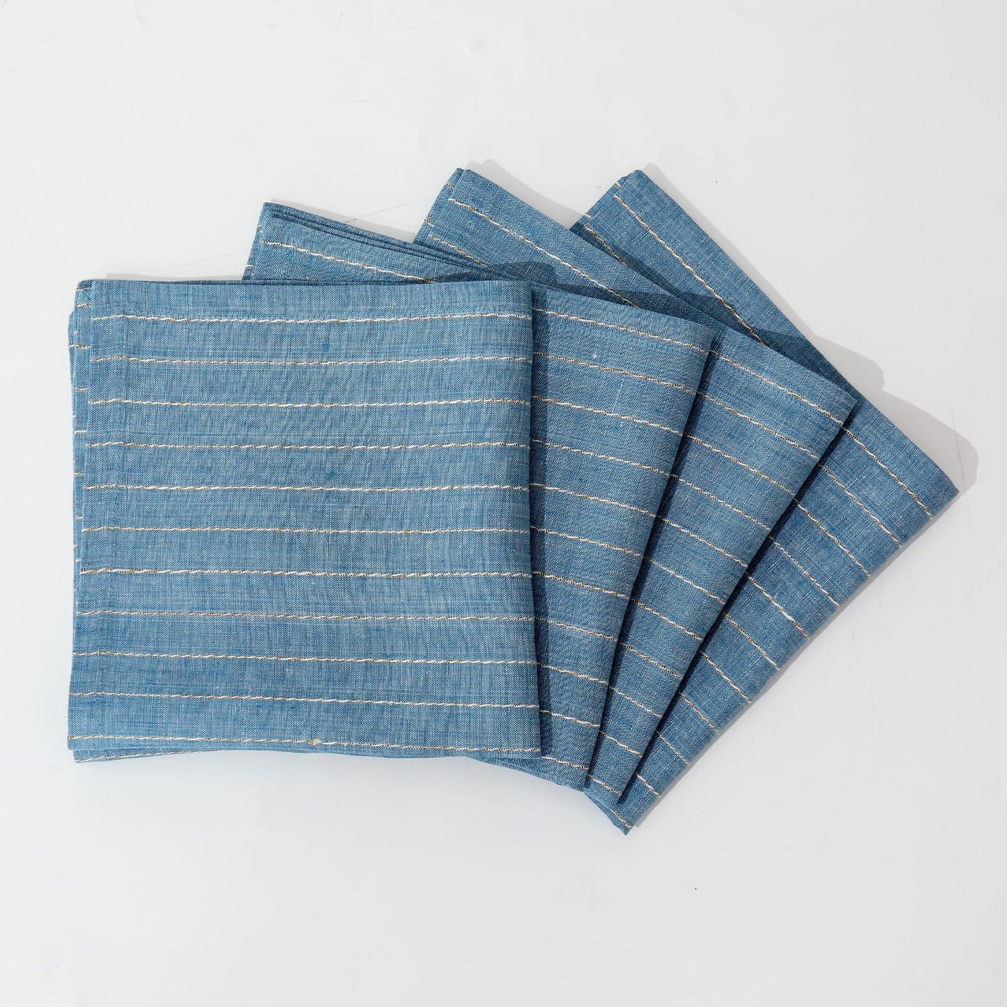 HSOFTIFY 100% Pure Linen Napkins Set of 4 -French Stripe 18 x 18 Inch Handmade Dinner Cloth Napkins Washable for Wedding, Parties, Everyday, Holidays, Indoor Outdoor (18"×18", Blue)