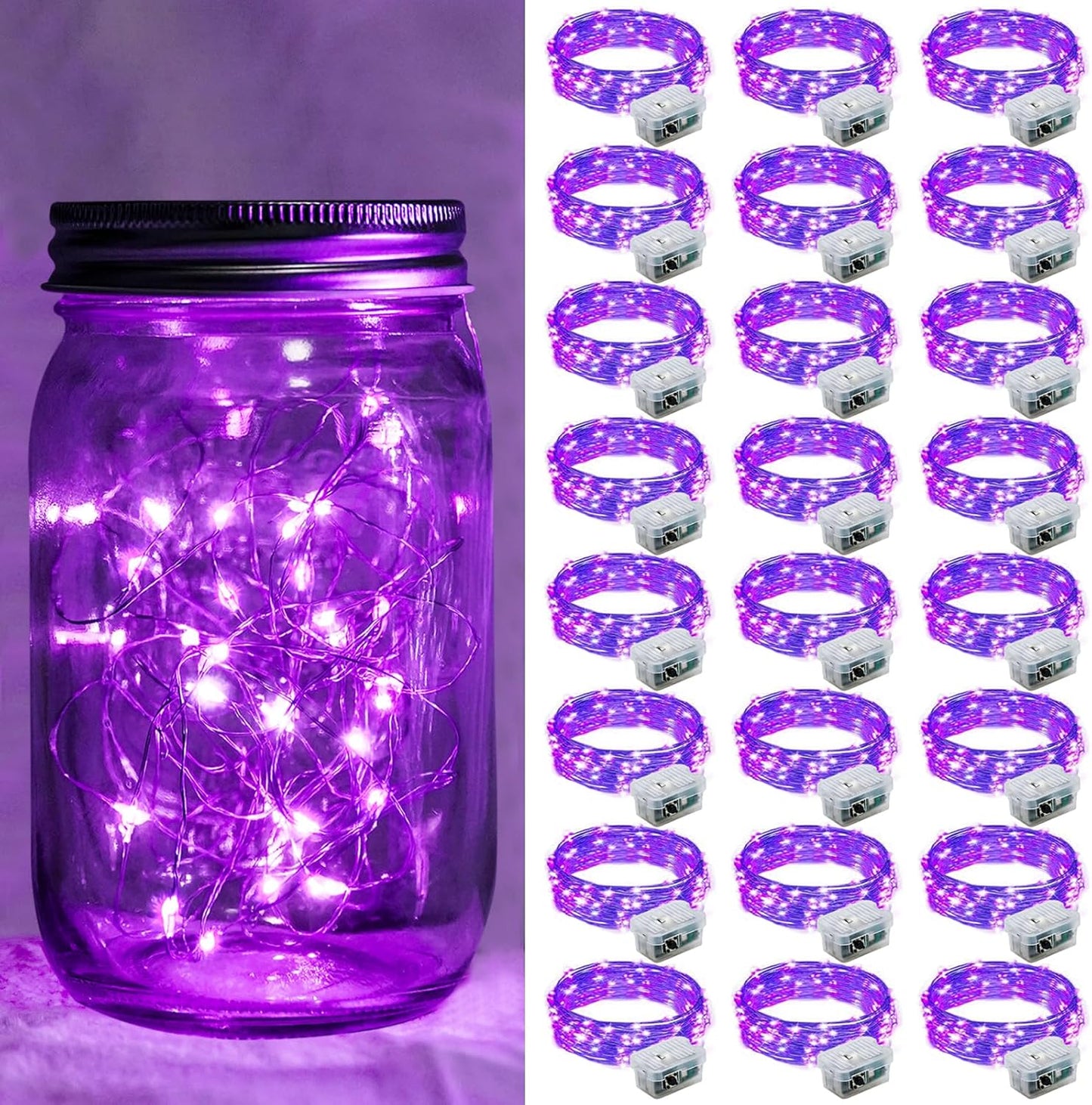 Skiennix 24-Pack Purple Fairy Lights - 7Ft 20 LED Twinkle String Lights | Battery Operated & Waterproof for Weddings, Halloween, Christmas, & Parties