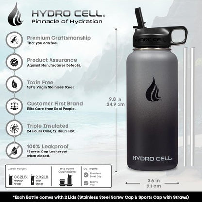 HYDRO CELL Stainless Steel Insulated Water Bottle - Leakproof Design for Hot & Cold Drinks | 32oz Graphite/Black