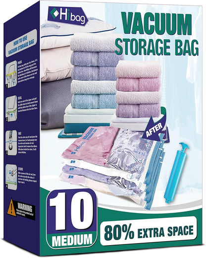 Skiennix Vacuum Storage Bags - 10 Medium Space Saver Seal Bags for Clothes with Travel Pump