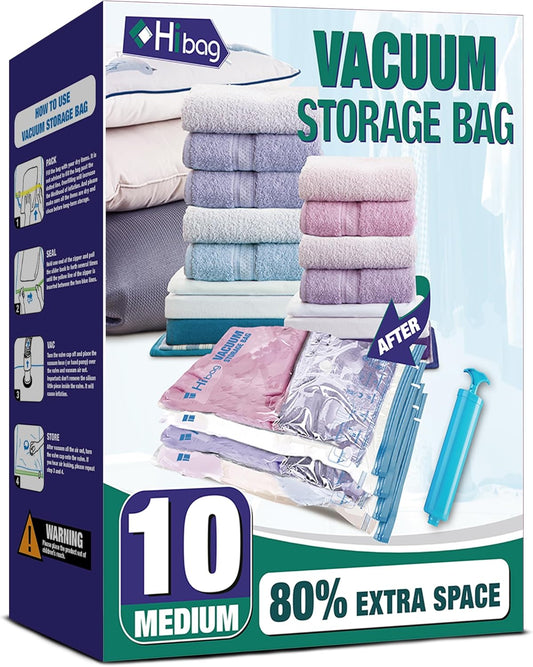 Skiennix Vacuum Storage Bags - 10 Medium Space Saver Seal Bags for Clothes with Travel Pump