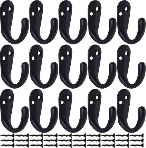 IBosins Wall Mounted Coat Hooks - 15PCS Single Prong Robe Hooks for Towels, Bags & Hats - Black