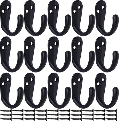 IBosins Wall Mounted Coat Hooks - 15PCS Single Prong Robe Hooks for Towels, Bags & Hats - Black