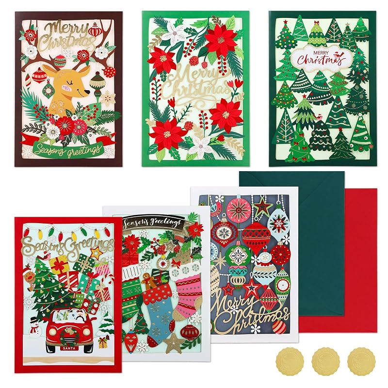 6 Pack 3D Laser Cut Christmas Cards - Xmas Holiday Set, Variation of THIS listing: Christmas03