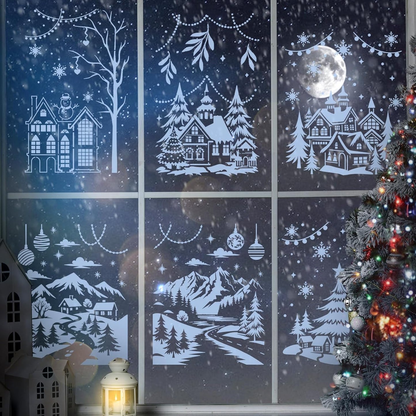 Skiennix 12 Pcs Christmas Stencils - Large 13.78 x 11 Inch Reusable Holiday Templates for DIY Window Decor