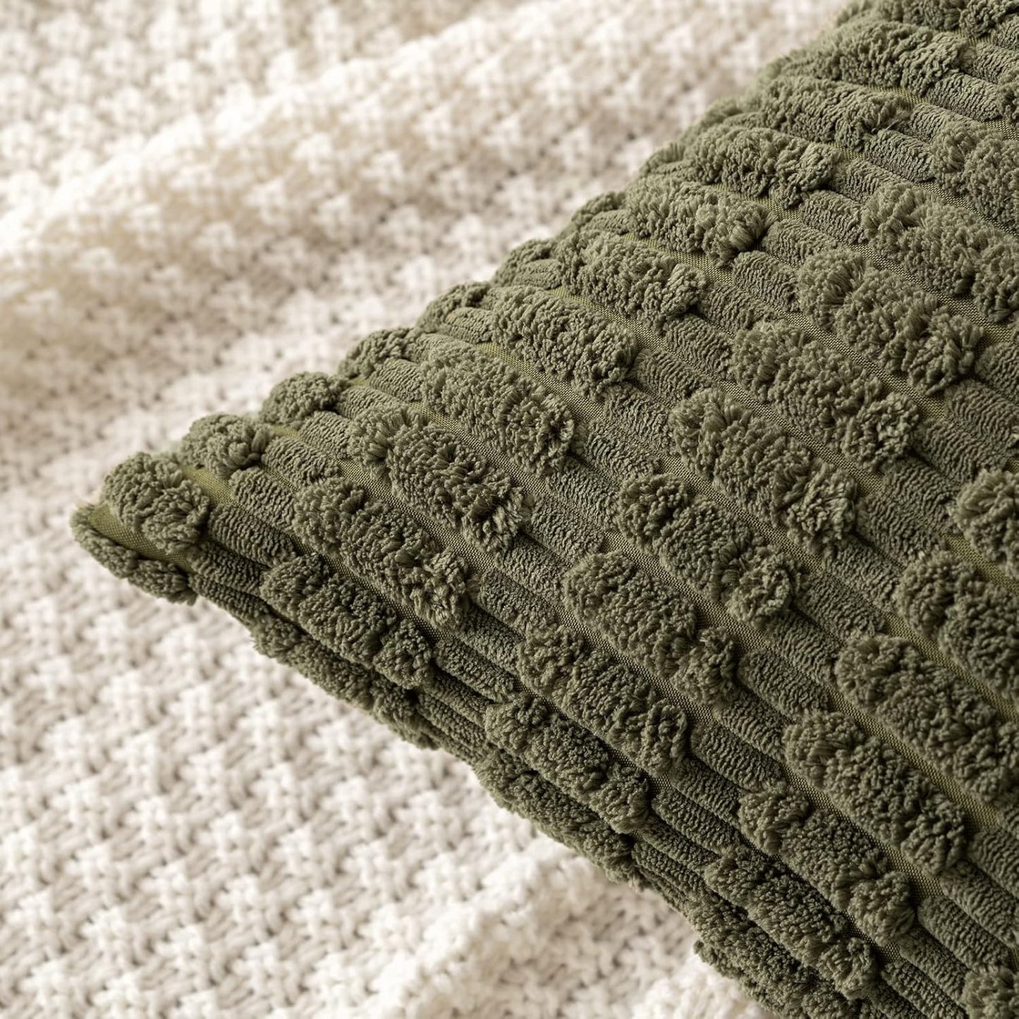 MIULEE Euro Sham Pillow Covers - Soft Boho Striped Corduroy | Pack of 2, 24x24 Inch, Olive Green
