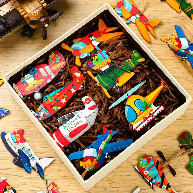 Airplane Christmas Ornaments 36 Pcs Wooden Flight Themed Set - 18 Styles, 3.94in