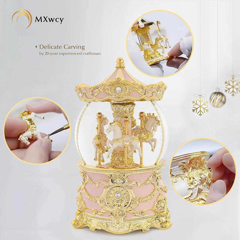 Gold & Pink 8.3" Carousel Snow Globe with Wind-Up Music Box - Meets Tune
