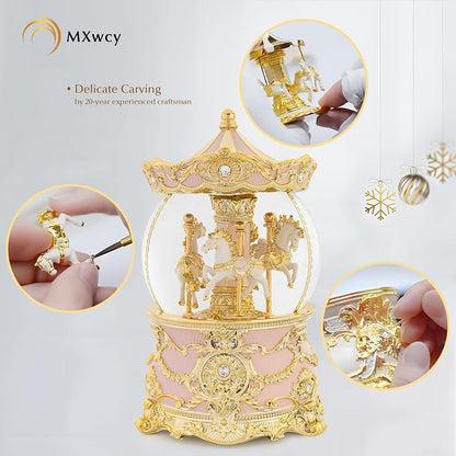 Gold & Pink 8.3" Carousel Snow Globe with Wind-Up Music Box - Meets Tune