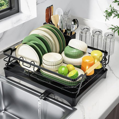 Epicano Dish Drying Rack - Space-Saving Rustproof Drainer with Utensil Holder & Knife Slots | Black