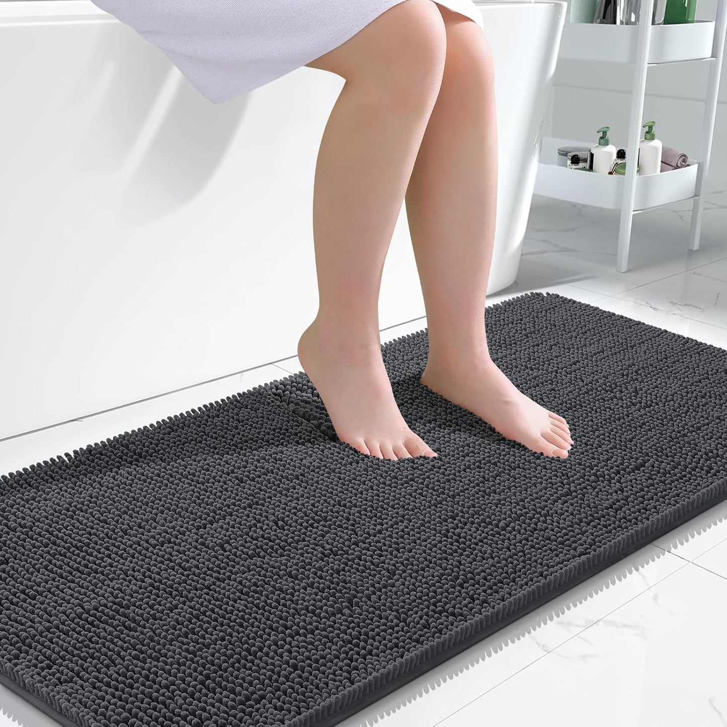 OLANLY Bathroom Runner Rugs - Soft Absorbent Chenille Bath Mat | Quick-Dry Rubber Backing, 47x24, Dark Grey