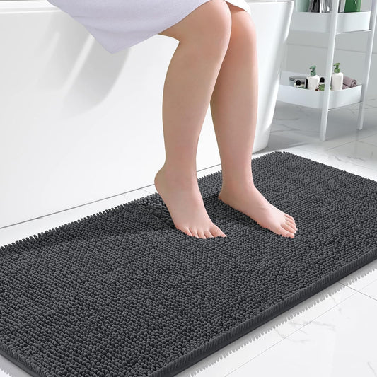 OLANLY Bathroom Runner Rugs - Soft Absorbent Chenille Bath Mat | Quick-Dry Rubber Backing, 47x24, Dark Grey