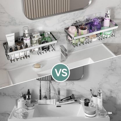 Veken Adhesive Shower Caddy - Heavy-Duty Wall-Mounted Organizer with Soap Dish & Toothbrush Holder | Silver 5-Pack