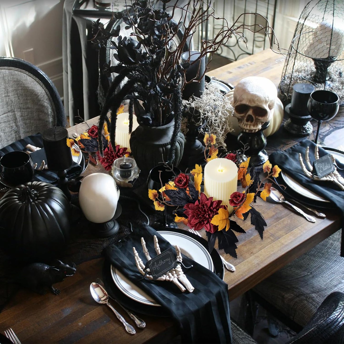 Regine Switzerland Halloween Candle Rings - Red Flowers & Artificial Maple Leaves Wreath | Perfect for Party Centerpieces
