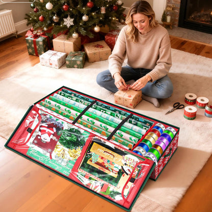 Skiennix Christmas Wrapping Paper Organizer - Flexible Partition & Pockets for Holiday Storage | Red Wave & Snowflake Design