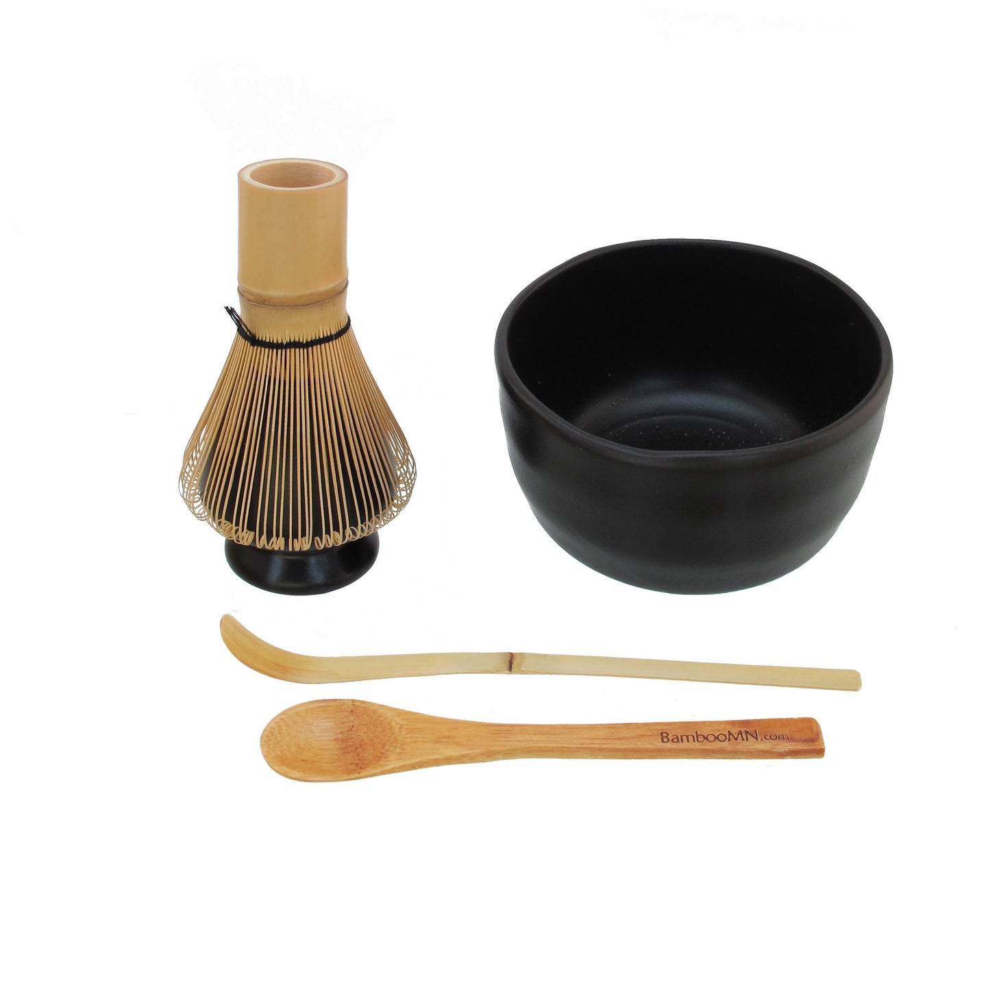 BambooMN Matcha Bowl Set (Includes Bowl, Rest, Tea Whisk, Chasaku & Tea Spoon) 1 Set Black