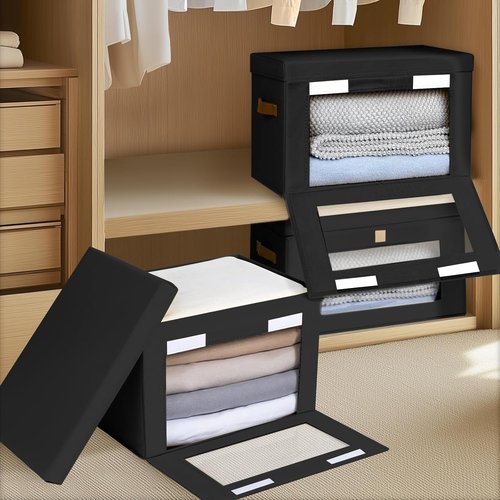 Homsorout Collapsible Storage Bins - Large Stackable Organizer Bins with Handles & Window | 4 Pack, Black