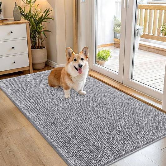 OLANLY Dog Door Mat for Muddy Paws 54x32, Absorbs Moisture and Dirt, Absorbent Non-Slip Washable Doormat, Quick Dry Chenille Mud Mat for Dogs, Entry Indoor Entryway Carpet for Inside Floor, Light Grey