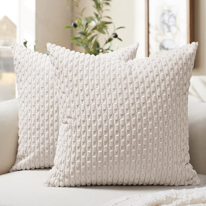 Softalker Throw Pillow Covers - Set of 2, 18x18 Inch Soft Corduroy Boho Stripe for Farmhouse Decor | Beige