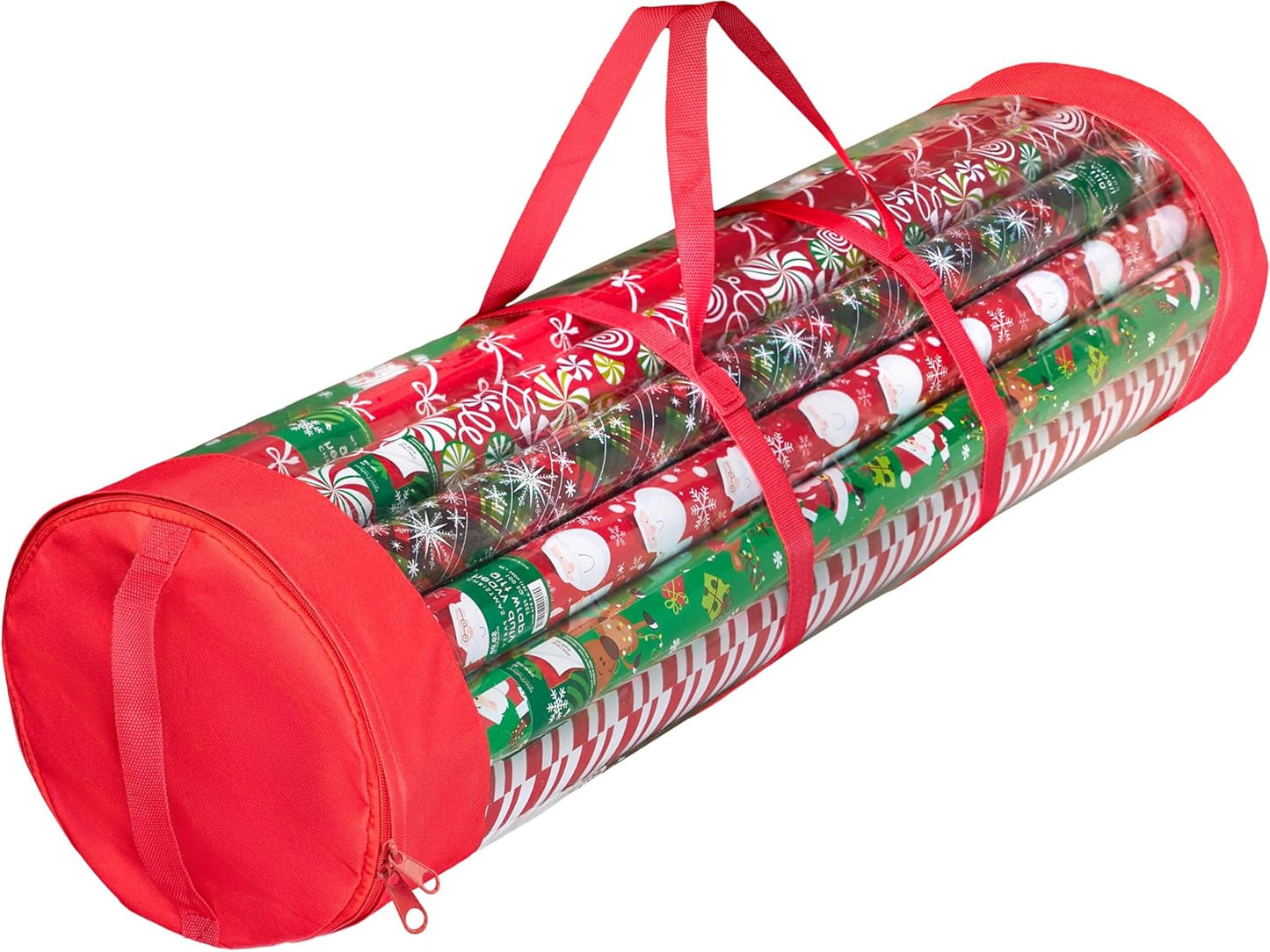 ZOBER Gift Wrap Storage Organizer - 40 Inch Round Wrapping Paper Holder | Durable Clear PVC & 600D Oxford Fabric - Fits 25 Rolls - Red