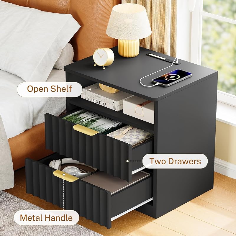 Fluted Nightstands Set of 2 with Charging Station & LED Light, Black, 2 Drawers